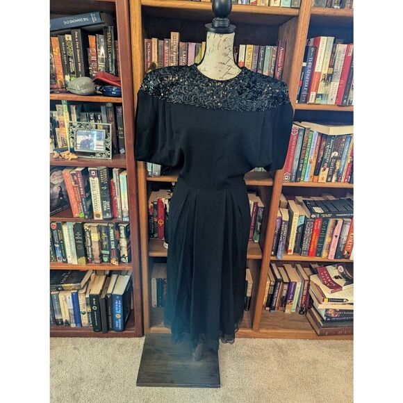 Vintage Handmade 1940s Black Crepe Eveningwear Midi Dress Gown Women's Small - Picture 4 of 8